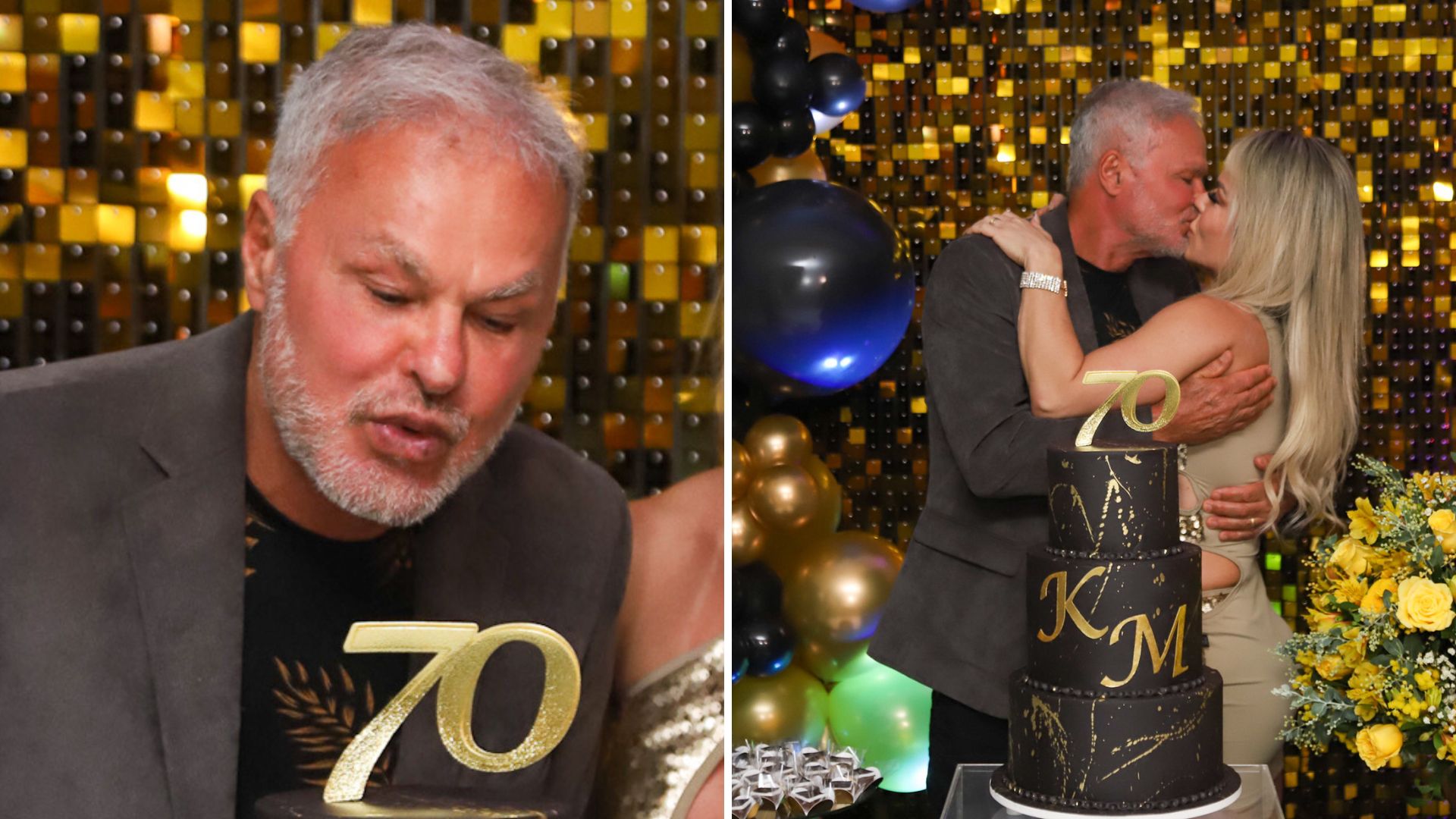 Kadu Moliterno comemora seus 70 anos com festa luxuosa e beijão na esposa gata