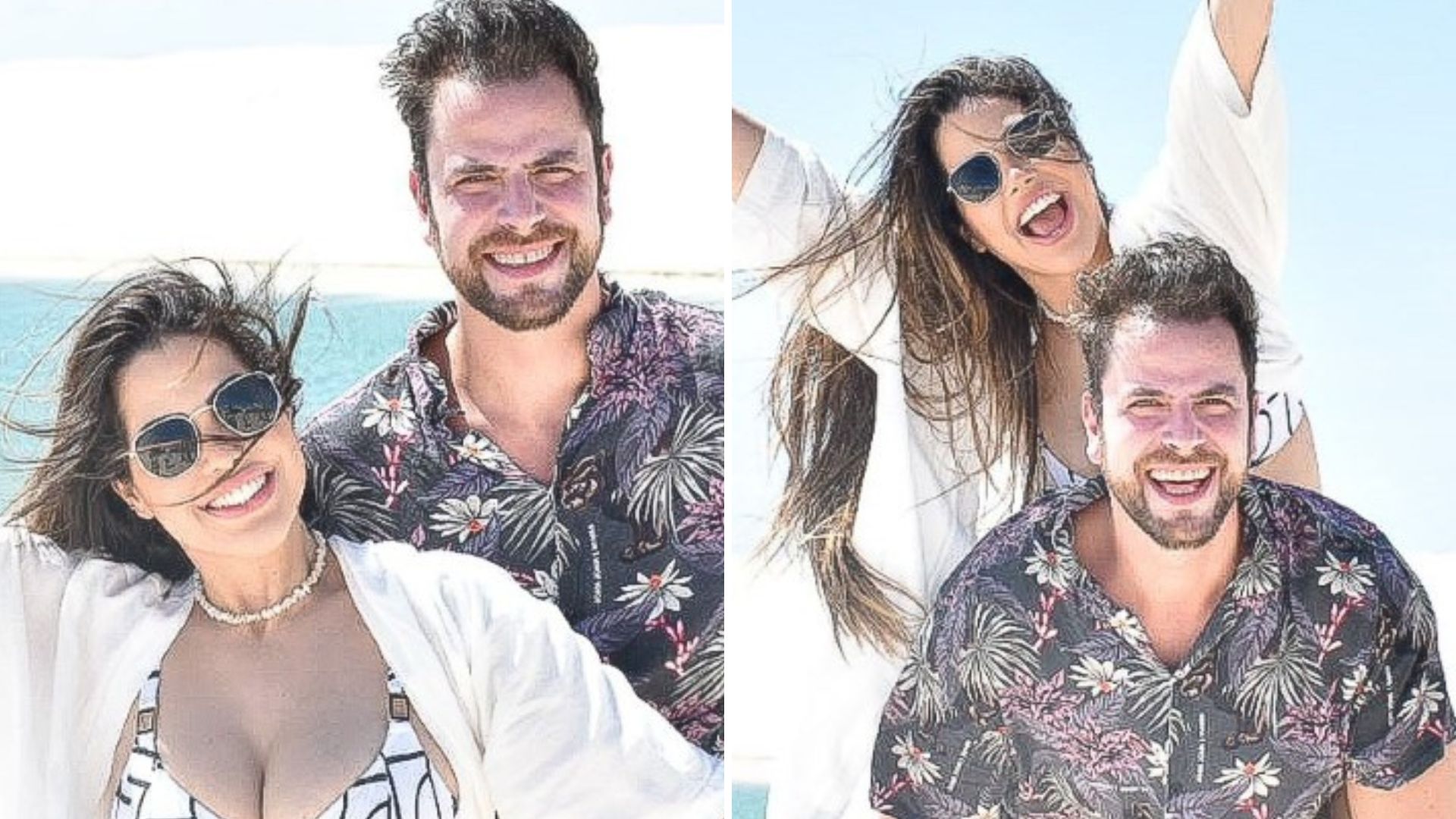 Laís Caldas abre a bermudinha jeans e troca carinhos com Gustavo Marsengo em praia