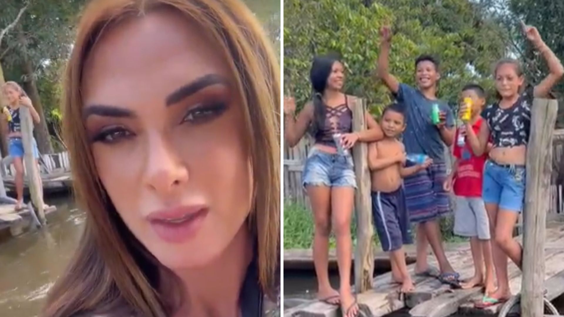 Gente? Nicole Bahls dá energético para crianças ribeirinhas: “Tudo tomando”