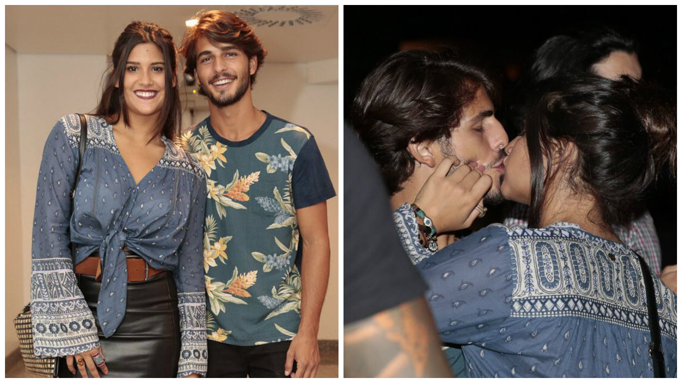 Giulia Costa e Brenno Leone beijam muito durante show no Rio de Janeiro
