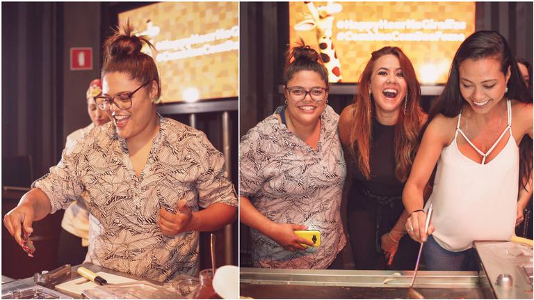 Dayse Paparato coloca mão na massa e faz pizza durante evento paulistano