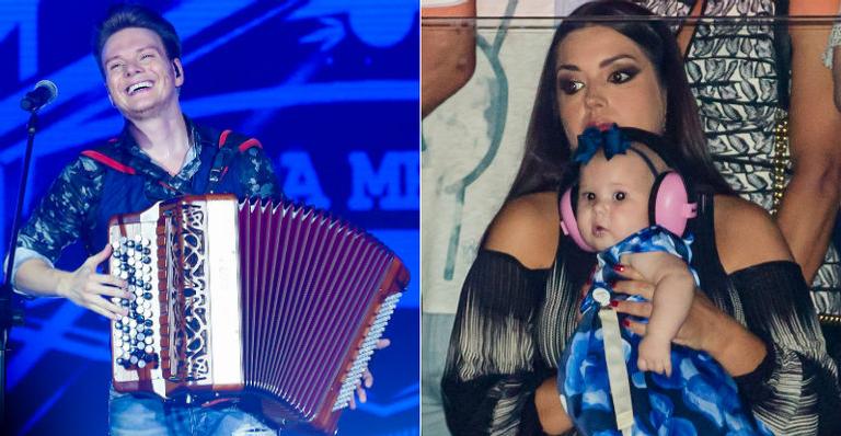 Grávida, Thais Fersoza leva a filha, Melinda, para a gravação do DVD de Michel Teló