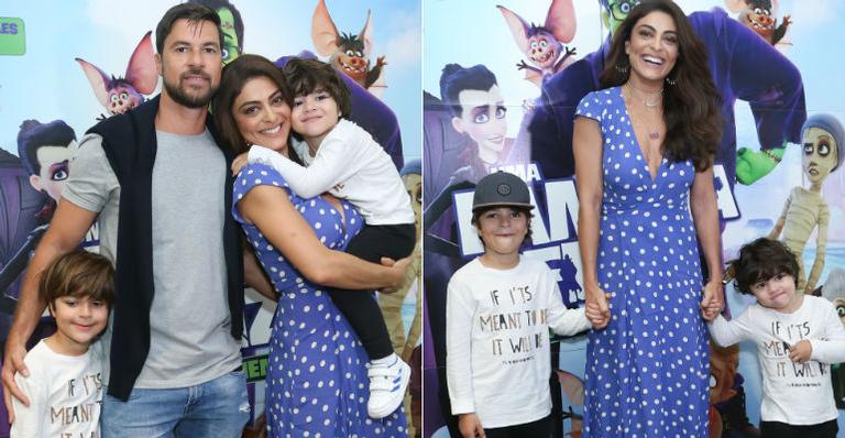 Juliana Paes leva os filhos à pré-estreia do filme ‘Uma Família Feliz’