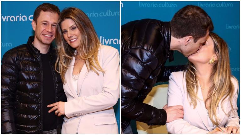 Tiago Leifert prestigia a mulher, Daiana Garbin, em lançamento de livro