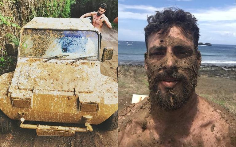 Cauã Reymond curte férias em Noronha com muita lama!