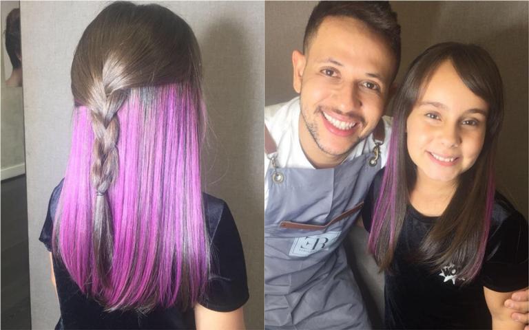 Sienna Belle, de Carinha de Anjo, aparece com cabelo roxo para seu show