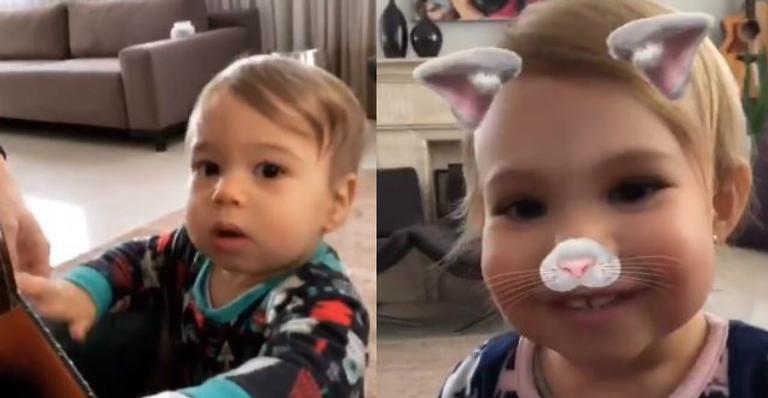 Michel Teló se diverte com os filhos Melinda e Teodoro e brinca: ”Mamãe sai e vira bagunça”
