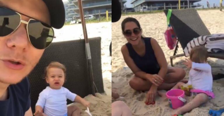 Michel Teló curte folga na praia ao lado da esposa, Thais Fersoza, e dos filhinhos, Melinda e Teodoro
