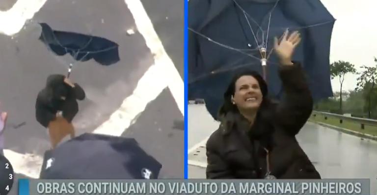 Ao vivo, jornalista do SBT luta contra ventania com guarda-chuva nas mãos e quase é carregada