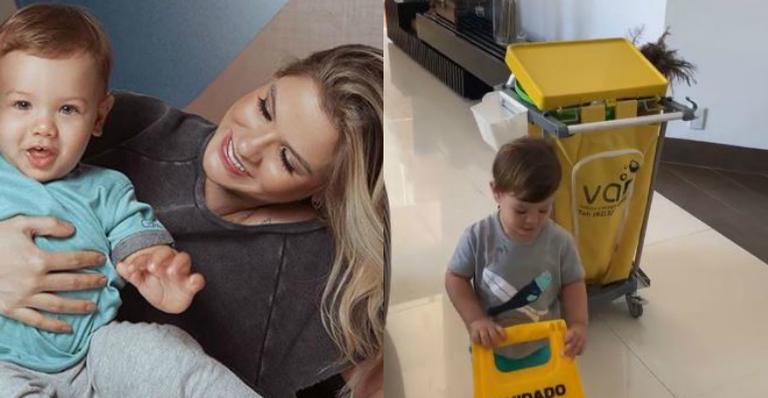 Andressa Suita se diverte ao mostrar Gabriel ajudando na limpeza: ”Tá mais atrapalhando”