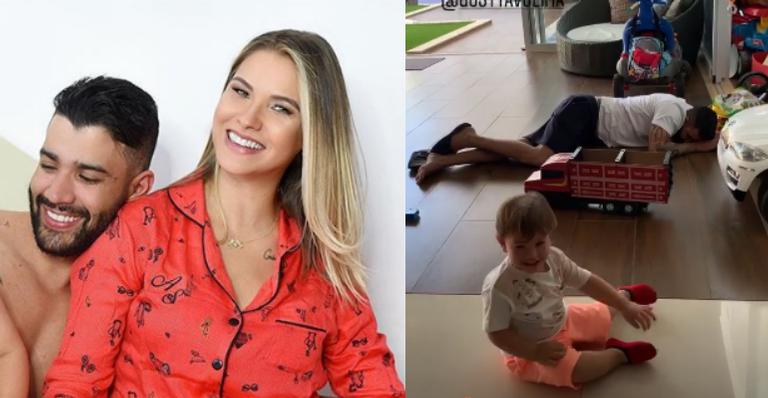 Após dias longe de casa, Andressa Suita flagra Gusttavo Lima dormindo no chão