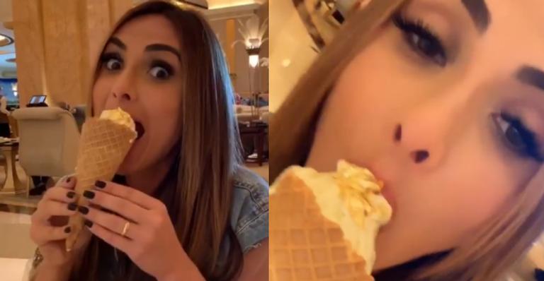 Em lua de mel ostentosa, Nicole Bahls degusta cardápio de doces folheados a ouro: ”Pode comer mesmo!”