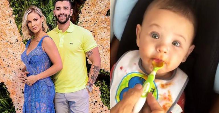 De volta das férias, Gusttavo Lima se diverte ao dar papinha para o caçula
