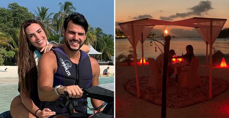Luxo! Nicole Bahls é surpreendida com jantar romântico em praia nas Maldivas