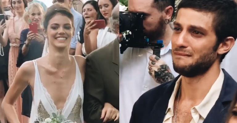 Chay Suede se emociona ao ver a noiva, Laura Neiva