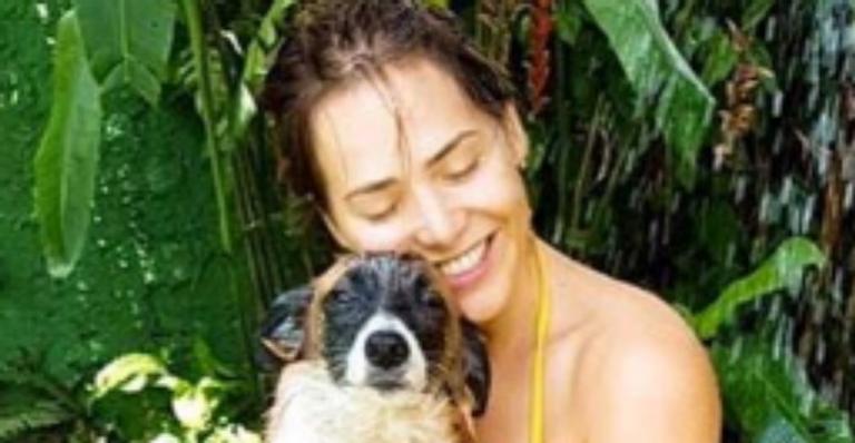 De biquíni, Letícia Colin dá banho em seu cachorrinho adotado e faz apelo por moradores no Rio