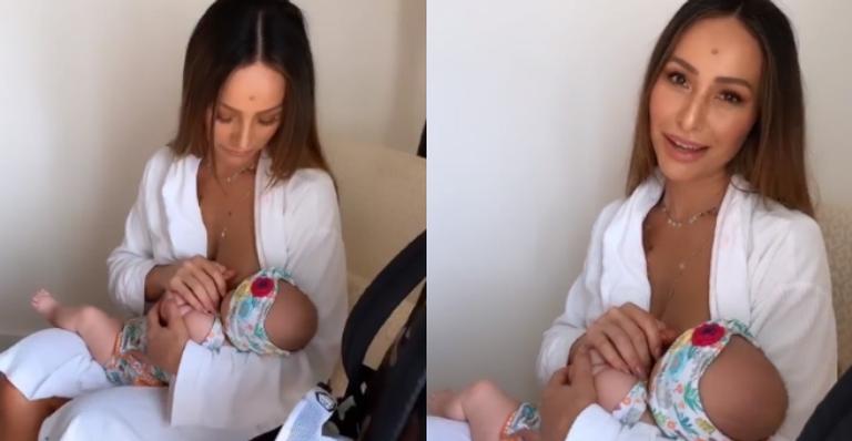 Cansada, Sabrina Sato amamenta Zoe e brinca sobre rotina puxada: ”Mamãe trabalha assim”