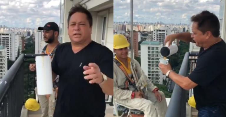 Leonardo dá bom exemplo e oferece café para assistente de obra: ”Bebendo nas alturas”