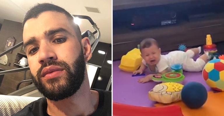 Filho caçula de Gusttavo Lima cai no choro e se assusta ao ouvir o pai cantar