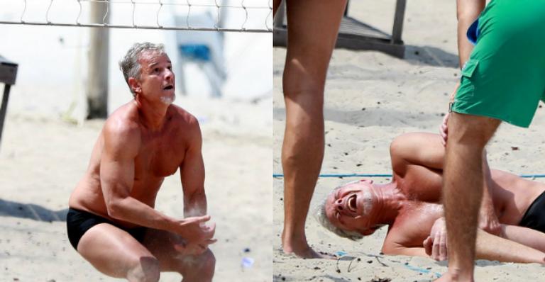 Marcello Novaes machuca joelho durante jogo de vôlei na praia com os amigos