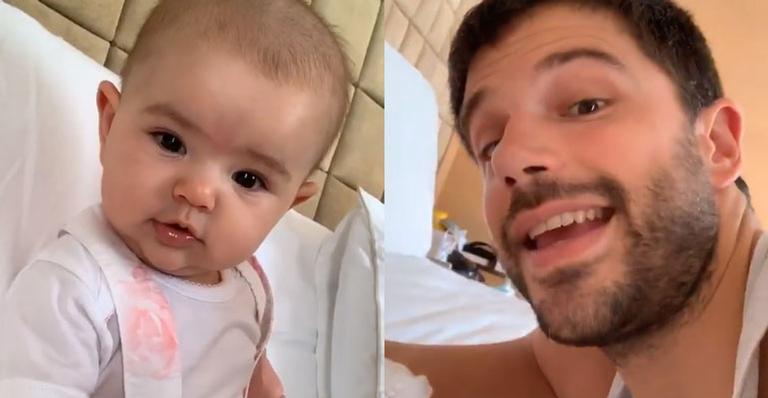 Papai coruja, Duda Nagle mostra Zoe sentada e se derrete pela filha: ”Sentadinha sozinha”