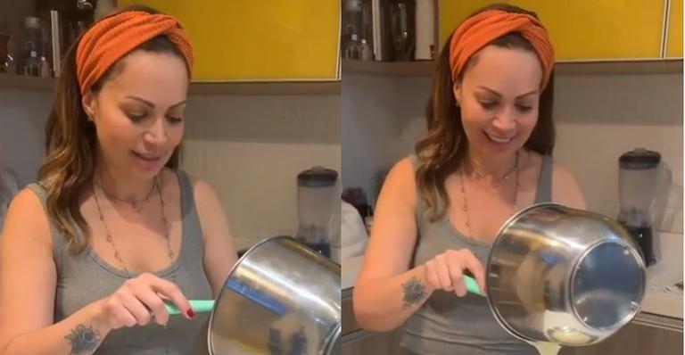 Solange Almeida brinca ao fazer bolo: ”Me sentindo Maria da Paz”