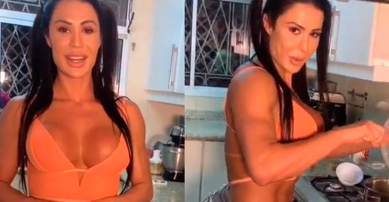 Gracyanne Barbosa se arrisca na cozinha só de shortinho e top apertado e bumbum impressiona: ”É de verdade?”