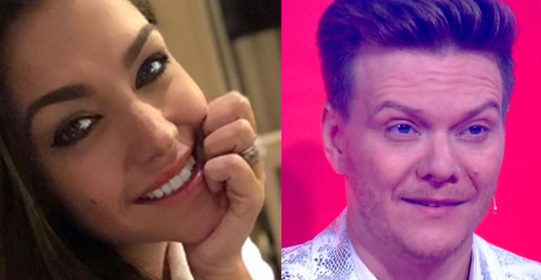 Thais Fersoza surge só de roupão para ver o marido na TV