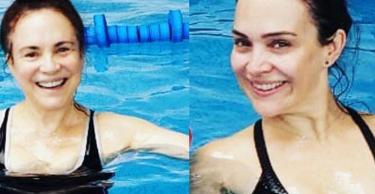 Regina Duarte e Gabriela Duarte posam juntas em clique raro na hidroginástica