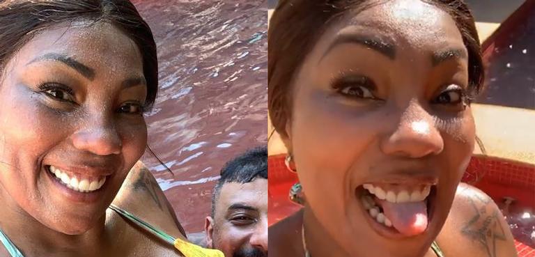 De biquíni cortininha, Silvana Oliveira curte piscina e troca carinhos com o namorado