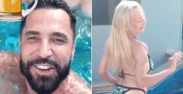 Mãe de Latino causa na mansão do cantor e rebola muito com biquíni micro