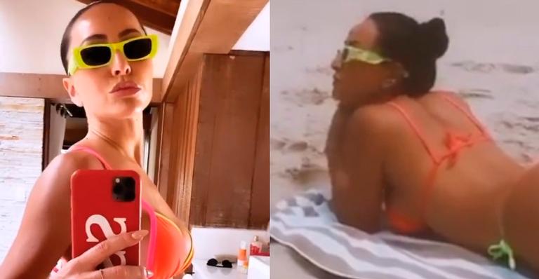 Sabrina Sato aposta em fio-dental e deixa bumbum à mostra ao renovar bronzeado de bruços