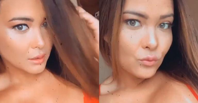 No frio do inverno russo, Geisy Arruda surge de lingerie decotada e destaca seios fartos