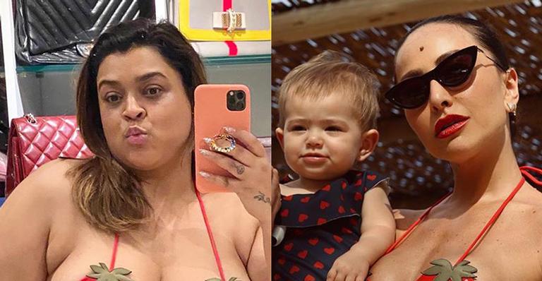 Preta Gil e Sabrina Sato usam biquínis iguais em formato de morango