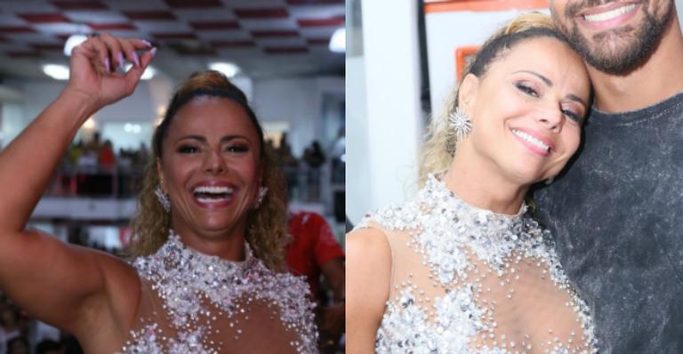 Viviane Araújo arrasa em ensaio de escola de samba e beija muito o namorado gato