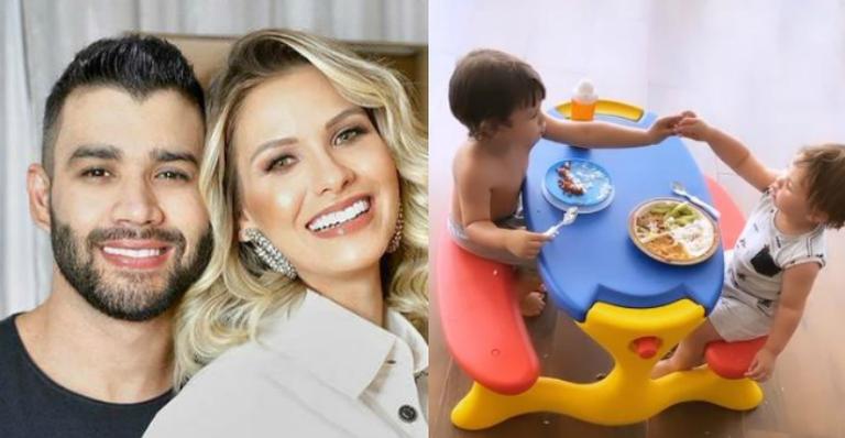 Fofura! Andressa Suita flagra os filhos se ajudando a comer durante o almoço