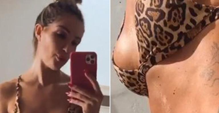 Ex-BBB Aline Gotschalg posa após treino e exibe corpo sequinho com biquíni de oncinha