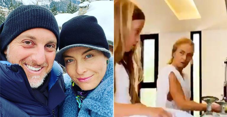 Mão na massa! Luciano Huck flagra Angélica e a filha, Eva, lavando louça