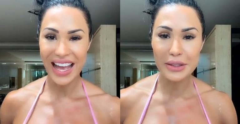 Gracyanne Barbosa renova bronzeado com biquíni de fita adesiva e cobre apenas o essencial