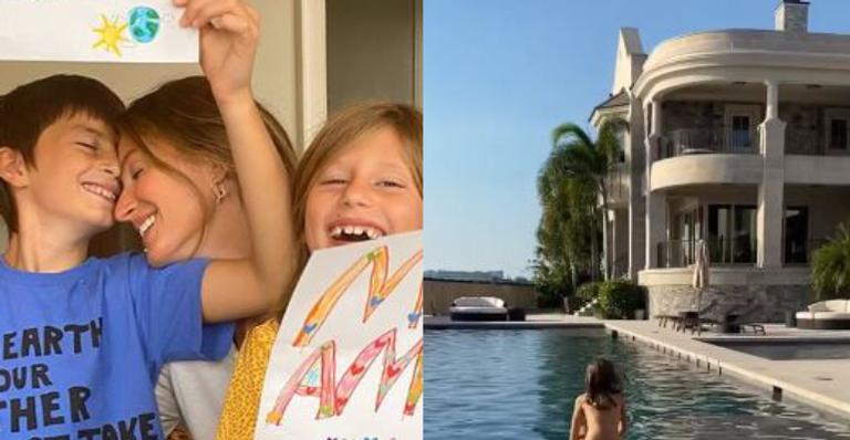 Gisele Bündchen flagra filhos brincando em piscina gigante de sua nova mansão