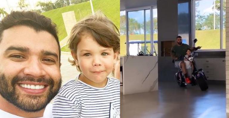 Gusttavo Lima passeia de moto na sala com o filho e tamanho da casa impressiona