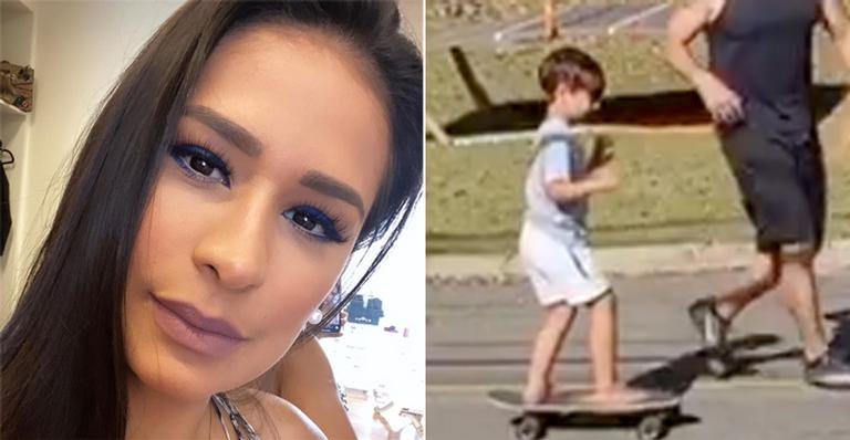 Simone faz rolê de skate com o filho, Henry, em frente a sua nova mansão