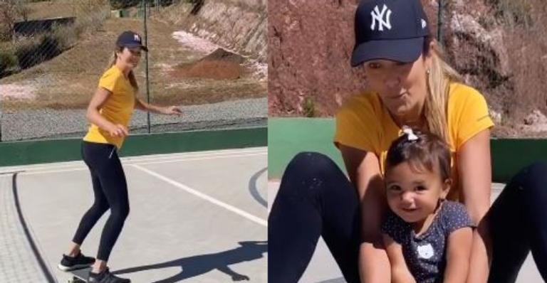 Mamãe radical! Ticiane Pinheiro mostra habilidades com skate e coloca a caçula na brincadeira
