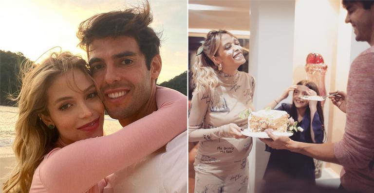 Aniversariante, Carol Dias é surpreendida e leva bolo na cara de Kaká ao comemorar 25 anos