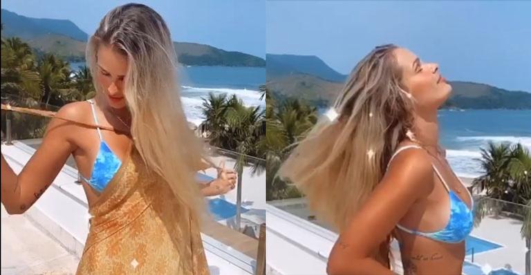 Em vídeo ousado, Yasmin Brunet tira o vestido e fica só de biquíni: “Testando”