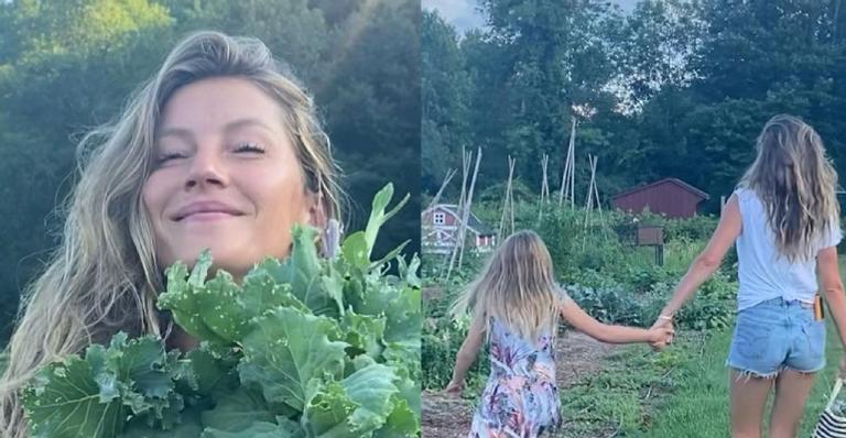 Gisele Bundchen ganha ajuda da filha e colhe verduras fresquinhas de horta comunitária