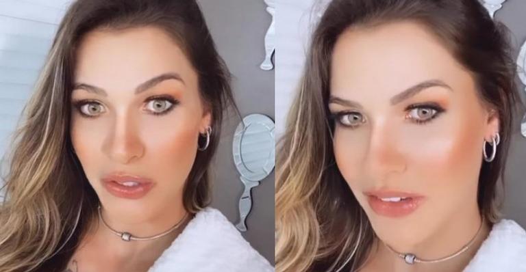 Após separação, Andressa Suita posa de roupão e surge maquiada e produzida: “Voltando”