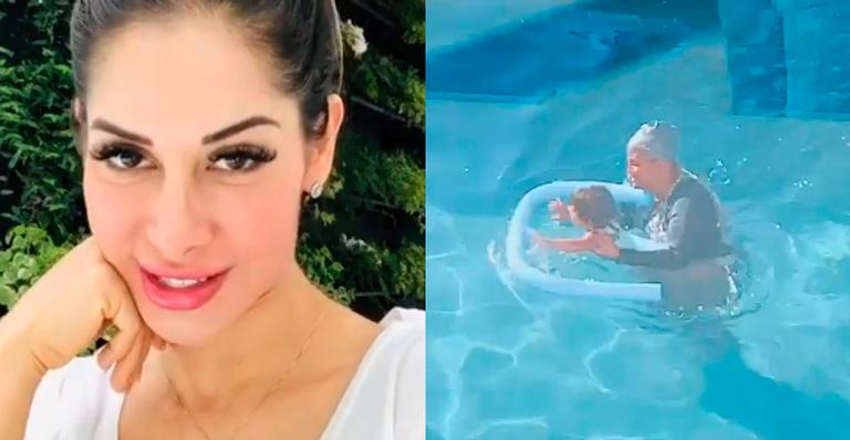 Mayra Cardi filma Sophia fazendo natação e mostra piscina luxuosa da mansão: “Primeira aula”