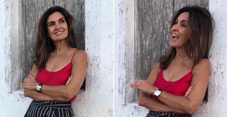 Fátima Bernardes se desconcentra ao posar para cliques do namorado: “Brincando de modelar”