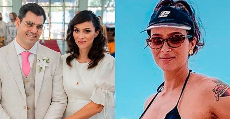 Gravidíssima, esposa de Juliano Cazarré posa de biquíni na praia e ostenta barrigão: “Família linda”